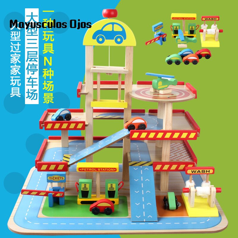 1Set Children's Play House Toy Simulation Large Three-dimensional Three-layer Wooden Parking Lot Toy Set Assembled Car Track
