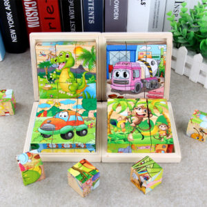 3D Puzzle Cube Kids Educational Toys for Children Wooden Jigsaw Six Face Painting Building Puzzle Animals